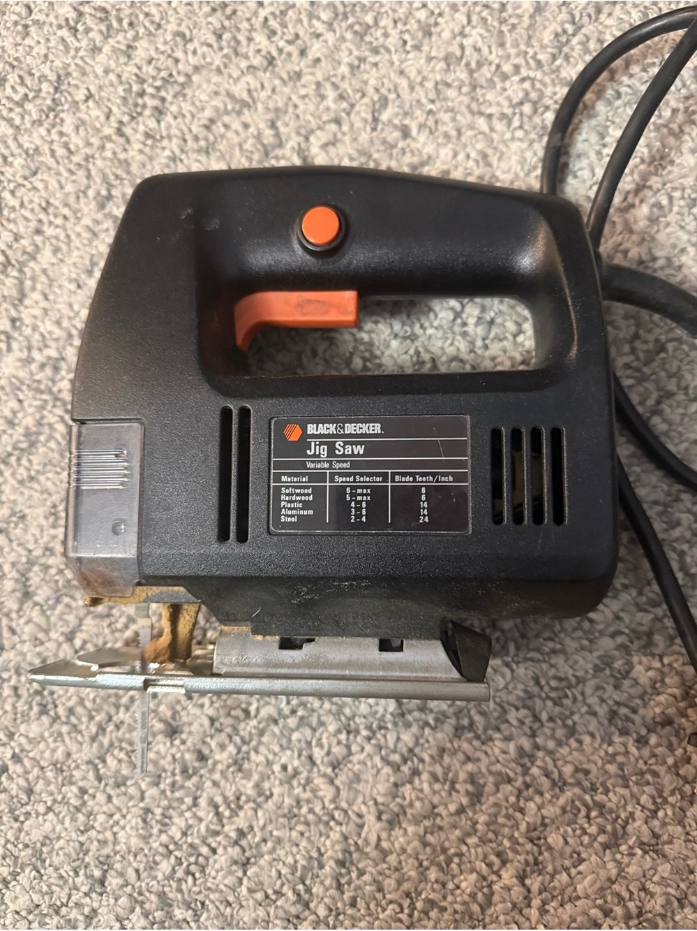 Black & Decker Black and Orange Jig Saw Label